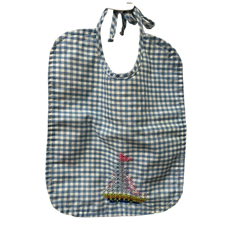 Vtg Pair Hand Cross-Stitched Baby Bibs Quilted Infant Toddler Gingham Boat Bear